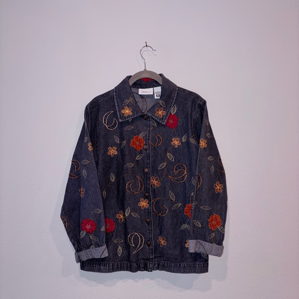 Parisian Works Dark Denim Jacket with Red and Orange Embroidery